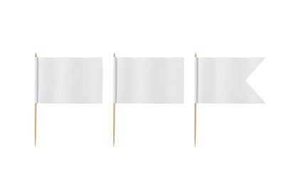 Three blank white flags on sticks isolated against an seamless transparent backdrop representing