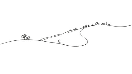 Minimalist landscape illustration with simple line art on a transparent background, countryside