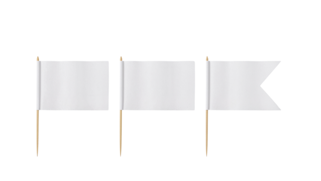 Three blank white flags on sticks isolated against an seamless transparent backdrop representing