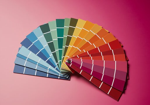 Fan of paint color swatches in blue green yellow orange red and pink sample
