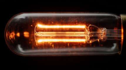  A close-up view of a glowing tungsten filament inside a vacuum tube, emitting a steady warm light with visible heat waves radiating outward, creating a soft luminous halo in the dark surrounding