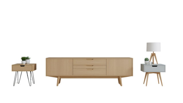 Modern living room arrangement featuring a sideboard, bedside tables, and table lamps with plants