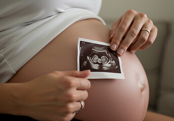 Pregnant woman holding an ultrasound image of her baby against her belly, showcasing anticipation and the miracle of new life.