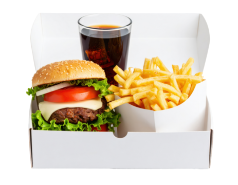 Box of fast food combo burger fries and soda PNG