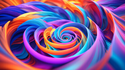 Dynamic spiral design with overlapping layers of vibrant gradient colors. Blues, purples, oranges, and yellows blend smoothly to create a luminous, kaleidoscopic artwork full of motion and depth.