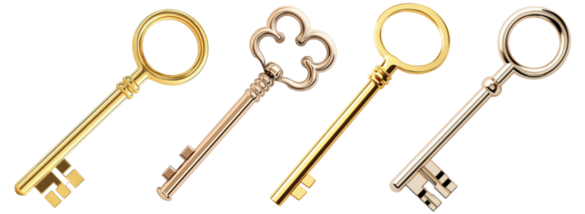 Four vintage-style metal keys with distinct bow shapes in gold and silver tones, arranged horizontally.