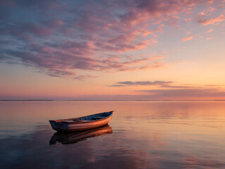 Fototapeta premium Lone fishing boat floats peacefully on calm water at sunset with colorful sky