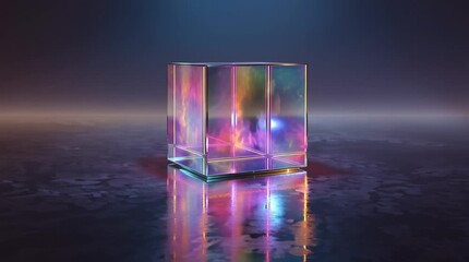Rotating glass-like cube reflecting colored lights in dark minimalist environment

 - Powered by Adobe