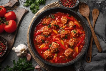Overhead shot of meatballs in a rich tomato sauce with peppers and parsley, served in a dark skillet.  Fresh tomatoes, garlic, and peppercorns are also visible