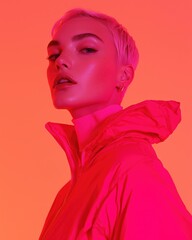Confident woman in red lighting and pink jacket