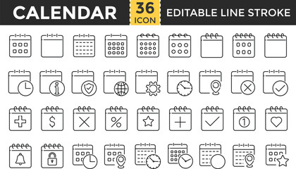 Calendar and Scheduling Line Icon Set. Pixel perfect and Outline Editable Stroke Icons collection for Agenda, Plan, Date, Appointment, Event, Reminder, Clock, Week, Month and Organization