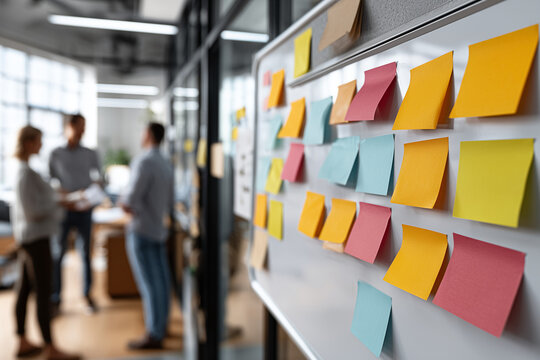 This vibrant office scene showcases a whiteboard covered in colorful sticky notes in the foreground, with blurred colleagues collaborating in a modern, open-plan workspace, representing brainstorming  - Powered by Adobe
