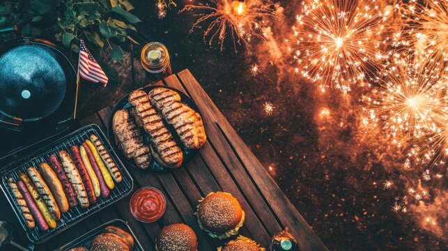 Patriotic Fireworks Feast: A high-angle perspective of a festive, patriotic outdoor meal is lit by a colorful display of fireworks, offering a warm and inviting atmosphere. - Powered by Adobe