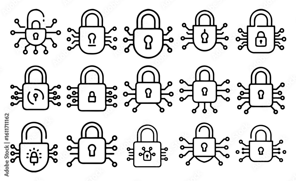 Poster vector collection of digital lock icons with circuit board design on transparent background