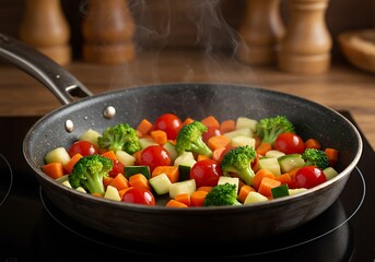 Sizzling mixed vegetables broccoli carrots zucchini tomatoes in a frying pan cooking