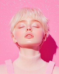 Radiant fashion portrait with glitter and soft pink tones