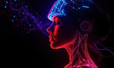 Woman profile with glowing neon lines and dots representing technology and digital connection