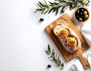 Delicious toasted bread with creamy spread served on a wooden cutting board surrounded by fresh herbs and black olives on a white background