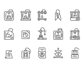 Collection of black outline icons representing 3 D printers and related technology 3D printer innovation
