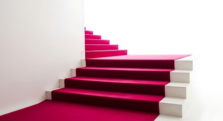 Elegant red carpeted staircase against a stark white wall leading upwards