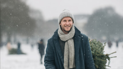 Fototapeta premium joyful man carries christmas tree through snowy park radiating confidence and wide smile