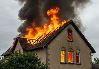 A residential house engulfed in destructive flames and thick black smoke. A devastating emergency, representing danger, loss, and the power of fire
