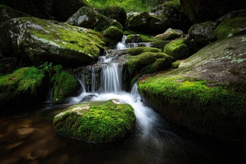 Fototapeta premium Serene cascading stream flows over moss-covered rocks in a shadowy, lush forest