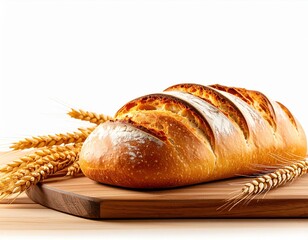 Freshly baked rustic French bread loaf with golden crust on a wooden cutting board, wheat stalks, and white background, ideal for bakery or food presentation