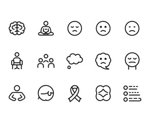 Collection of black outline icons representing mental health and emotions brain meditation