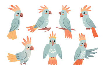 Fototapeta premium Cheerful Parrot: Adorable illustration of playful parrots, each displaying unique expressions. Set against a clean background, the birds exude personality and invite joy.