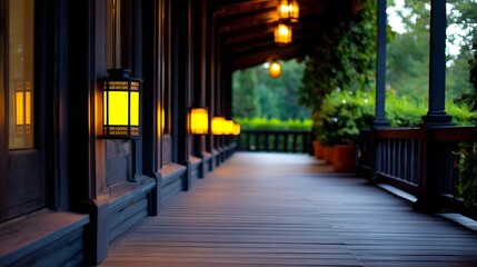Wooden porch with decorative lanterns at twilight.