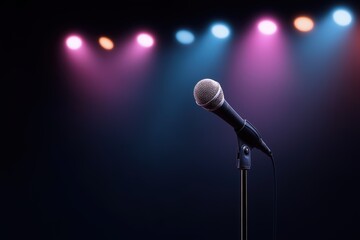 Obraz premium Microphone on stage with colorful spotlight background