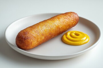 A crispy, golden-brown corn dog served with a dollop of bright yellow mustard.