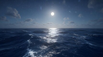 Fototapeta premium Moonlight reflecting on a vast ocean at night.