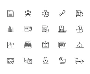 Collection of financial and business line art icons on white background finance money