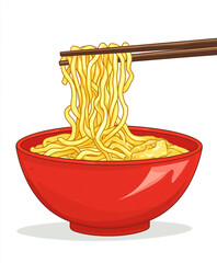 An illustration of chopsticks lifting long yellow noodles from a bowl, suggesting a delicious Asian meal.