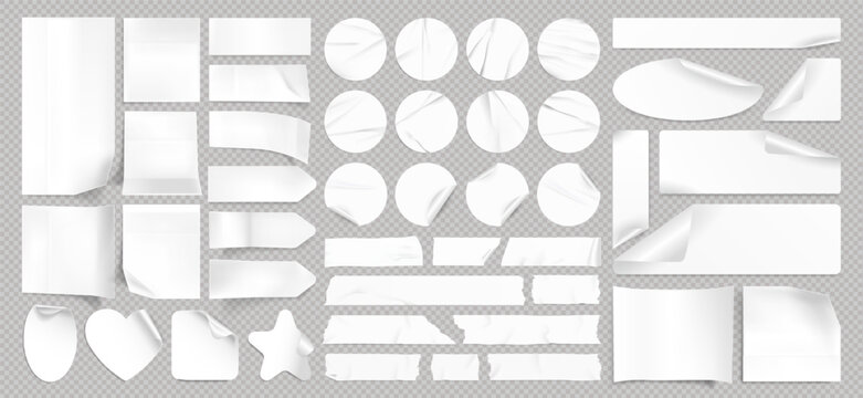 Torn adhesive paper sticker, plastic scotch tape strip, glued price tag, ribbon and sticky business note mockup with overlay texture and wrinkle effect. Pvc sheet, glue label and cellophane sticker.