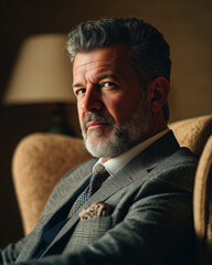 Distinguished Man in Checkered Suit Sitting in Chair