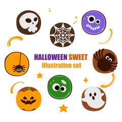 A fun Halloween-themed chocolate cookie dessert set featuring ghosts, pumpkins, spiders, eyeballs, mummies, and monsters. Perfect for seasonal food, parties, and decorations. Vector illustration.