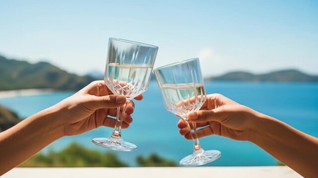 Best friends forever celebrating with drinks by the ocean, symbolizing enduring love & unbreakable bonds in beautiful friendship photography. Suitable for friendship themed designs.