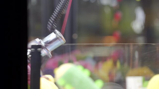The claw of a claw machine descends to grab a colorful plush toy inside the prize-filled arcade game. The lively arcade environment buzzes with anticipation and excitement.