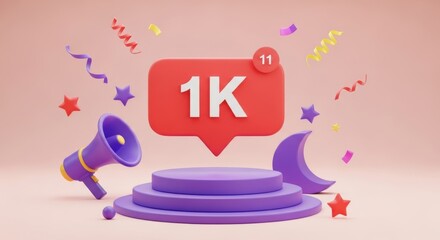 Celebration of 1k followers with megaphone and podium isolated on white background