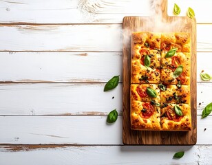 Delicious freshly baked cheesy vegetable pizza with colorful toppings and fresh basil leaves on a wooden serving board on a rustic white wooden background