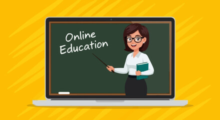 Engaging teacher guides online learning on laptop screen
