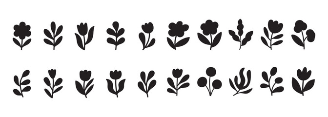 Botanical Silhouette Set, A collection of charming black vector icons featuring various flowers and leaves in simple, organic shapes