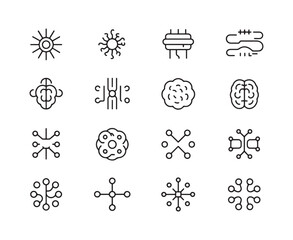 Collection of thin line icons representing abstract concepts and scientific elements science technology
