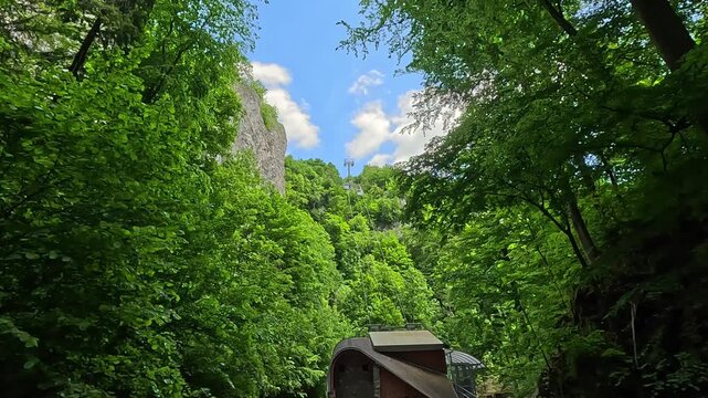 Scenic cable car Lanovka Macocha transporting tourists through lush forest to the famous Macocha Gorge in Moravian Karst, Czechia.