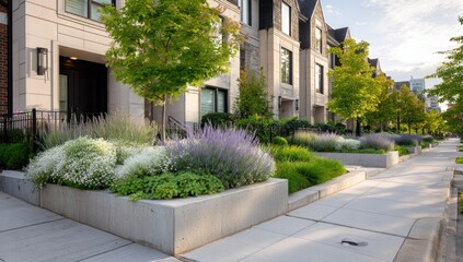 Urban landscaping with modern homes and planted borders