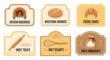 A collection of six vintage-style bakery labels featuring baking tools, bread, and oven illustrations, perfect for branding and food-related designs.