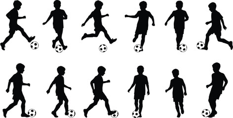 Silhouette of children playing soccer, active boys with football, sports kids vector, black shadow illustration, running, kicking ball, youth soccer activity design, isolated art